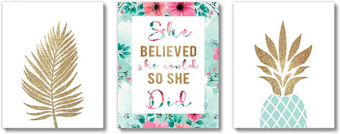 Brooke & Vine Gold Pineapple, She believed she could so she Did- Inspirational Teen Girl Room Wall Decor Art Prints (UNFRAMED 8 x 10) Women, Tween, Kids Motivational Wall Art for Bedroom, Office, Home - Gold Palm Aqua Pineapple