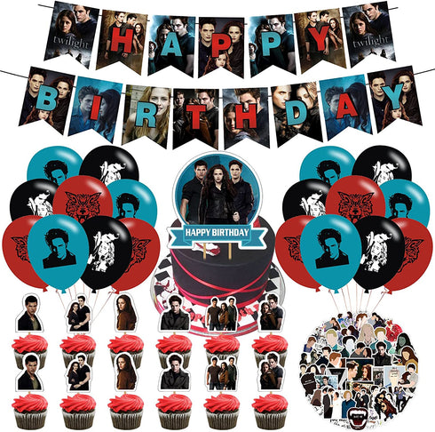 The Twilight Saga Theme Birthday Party Decorations,The Twilight Saga Party Supply Set for Kids with 1 Happy Birthday Banner , 12 Cupcake Toppers,50 Stickers ,18 Balloons for Party Decorations