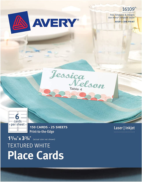 Avery Printable Blank Place Cards with Sure Feed, 1.43" x 3.75", Textured White, 150 Customizable Tent Cards (16109)