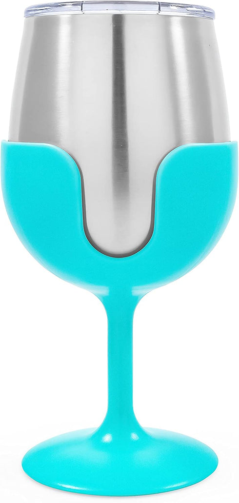 Camco 51915 Stainless Steel Wine Tumbler Set with Removable Fuchsia Pink and Teal Blue Wine Glass Stems- Leak Proof Lid, Vacuum Insulated, BPA Free 8 oz