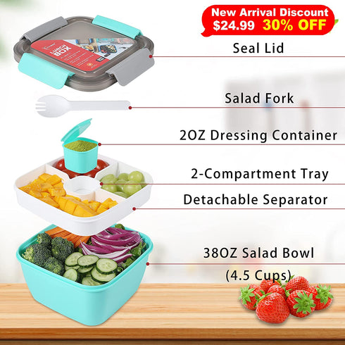3 Pack Salad Lunch Containers To Go, Vivimee 52 Oz & 38 Oz Large Lunch Containers, 3-Compartment with Dressing Container, Built-in spoon, Reusable Salad Bowl, Salad Containers for Lunch, Fruit, Snack