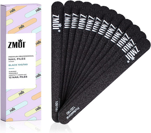 ZMOI Professional Nail Files, 12 PCS Washable Double Sided Emory Board 100/180 Grit for Natural/Acrylic Nails, Waterproof and Durable Design, Ergonomic and Practical, Ideal for Salon, Home Use