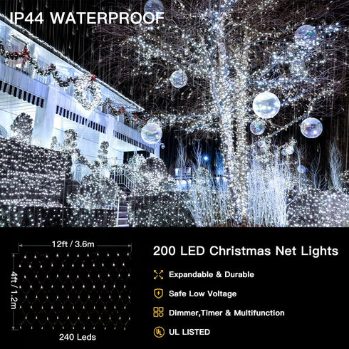 Ollny Net Lights Mesh Lights Outdoor 200 LED 9.8ft x 6.6ft Christmas Lights Waterproof Connectable 29V Plug in Fairy String Lights with 8 Modes for Xmas Tree Bush Garden Holiday Decorations Cool White