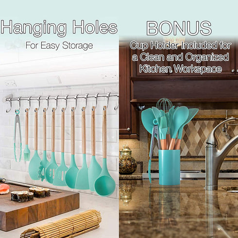 Silicone Kitchen Cooking Utensils Set with Wooden Bamboo Handles (11 Piece) | BONUS Cup | Durable Cookware Tools | BPA-Free, Non-Stick Safe, Non-Toxic | Include Tongs, Spatula, Turner, Ladle and More