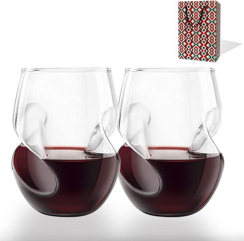 Stemless Wine Glasses Set of 2 | 12 Oz Wine Glass with Finger Indentations | Wine Cups Thumb Notch for Beverage, Cocktail, Milk, Red White Wine in Pool,Beach Party | Hand Blown Crystal
