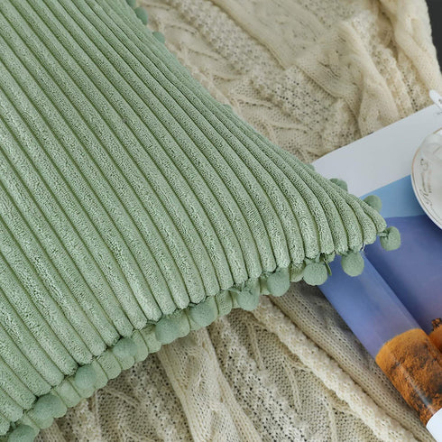 sykting Sage Green Pillow Covers 18x18 inch Soft Striped Boho Farmhouse Decorative Throw Pillow Covers with Pom Poms for Couch Sofa Bed Chair Outdoor Pack of 2