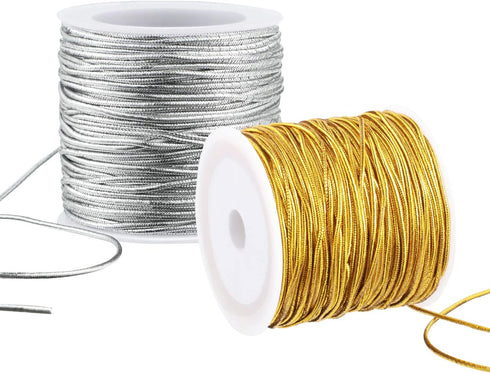 2 Rolls Metallic Elastic Cords Stretch Cord Ribbon Metallic Tinsel Cord Rope for Craft Making Gift Wrapping, 1 mm 55 Yards (Gold and Silver)