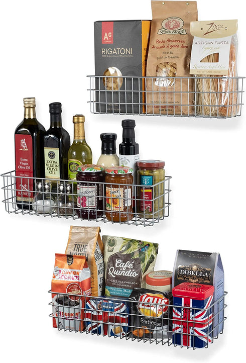 Wall35 Kansas Wall Mounted Metal Wire Baskets for Kitchen Pantry Organization and Storage, Varying Sizes Hanging Fruit Basket Set of 3 Gray