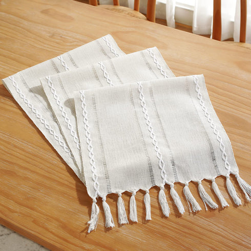 Rustic Farmhouse Style Linen Table Runner, Boho Embroidery Hemstitched Table Runners 108 inches Long with Tassels for Holiday Party and Dining Room Dresser Decor, 13 x 108 inch - Ivory