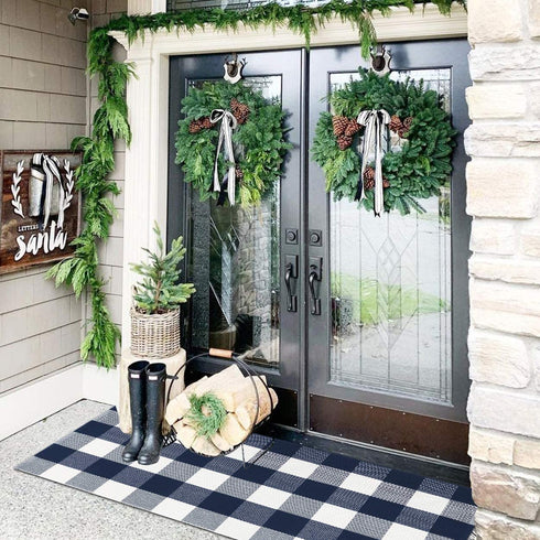 LEEVAN Cotton Buffalo Plaid Outdoor Rugs 2x4 ft Checkered Front Porch Rug Washable Woven Welcome Braided Door Mat for Layered Kitchen Farmhouse Bathroom Entryway Throw Carpet, Navy Blue and White