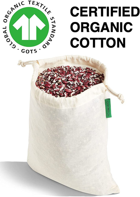 Colony Co. Reusable Bulk Food Bags, Set of 6 - Assorted Sizes, Certified Organic Cotton Muslin, Tare Weight Label, Washable, Double-Drawstring Design, Recyclable Packaging, Zero Waste