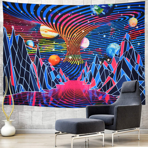 Trippy Mountain and Planet Tapestry Hippie Tornado Waves Tapestry Retro Abstract Space Landscape Tapestry Psychedelic Galaxy Stars Tapestry Wall Hanging for Room