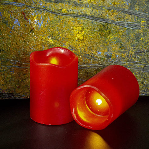 Flameless Candles-Set of 2(3"x4"/4") Red,Dripless Real Wax,Flickering Pillar Candles,Bright Warm Light,with Remote Control and Timing