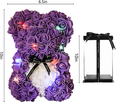 Rose Bear --Over 250+ Flowers on Every Rose Teddy Bear -Gifts for Women Gifts for mom?Anniversary's, Birthdays, Bridal Showers,Valentine's Day,Mothers - Clear Gift Box Included (gray, 10inch) (purple)