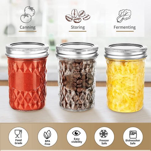 Mason Jars 8 OZ 12 Pack, AIVIKI Regular Mouth Glass Canning Jars with Silver Metal Airtight Lids and Bands for Jam, Honey, Wedding Favors, Shower Favors, Food Storage, Overnight Oats, Dry Food, Meal Prep, 12 Whiteboard Labels