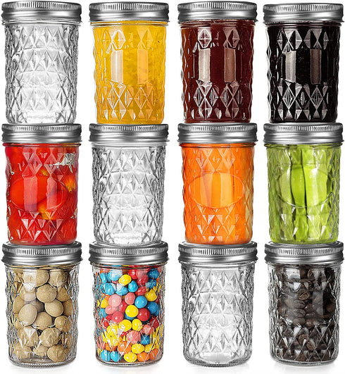 Mason Jars 8 OZ 12 Pack, AIVIKI Regular Mouth Glass Canning Jars with Silver Metal Airtight Lids and Bands for Jam, Honey, Wedding Favors, Shower Favors, Food Storage, Overnight Oats, Dry Food, Meal Prep, 12 Whiteboard Labels
