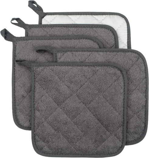 100% Cotton Kitchen Everyday Basic Terry Pot Holder Heat Resistant Coaster Potholder for Cooking and Baking Set of 5 Mineral Gray