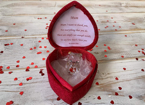 Glass Bear in Love Heart Shaped Box for a Much Loved Mum Thank You Mum