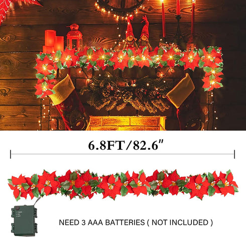 Dazzle Bright 7 FT Christmas Poinsettia Flowers Garland Decorations, 10 LED Lighted Artificial Velvet String Lights with Red Berries Holly Leaves, Xmas Ornaments for Indoor Outdoor Fireplace Decor