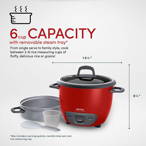 Aroma Housewares ARC-743-1NGR 6-Cup (Cooked) (3-Cup UNCOOKED) Pot Style Rice Cooker and Food Steamer,Red