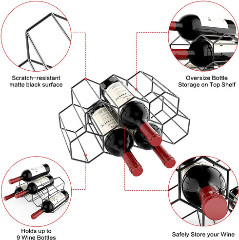 Countertop Wine Rack Freestanding, Small Wine Holder Stand Metal Wine Rack Honeycomb, Black 9 Wine Bottle Holder Organizer for Water Bottle, Tabletop Wine Storage Holder Rack for Home Kitchen Bar