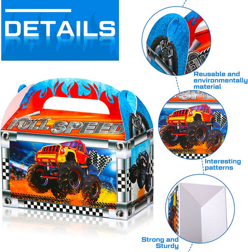 24 Pieces Monster Truck Favor Bags Paper Party Bags Treat Monster Jam Party Supplies Favor Box for Holiday Birthday Theme Parties Goodie Candy Cookies, 2 Styles, 7.09 x 7.09 Inches in Expanded State