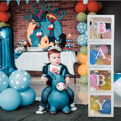 FamShack 96 Pcs White Gender Reveal Party Decorations with Gender Reveal Balloon Garland Kit | Clear Baby Boxes with Letters for Baby Shower Decorations (White)