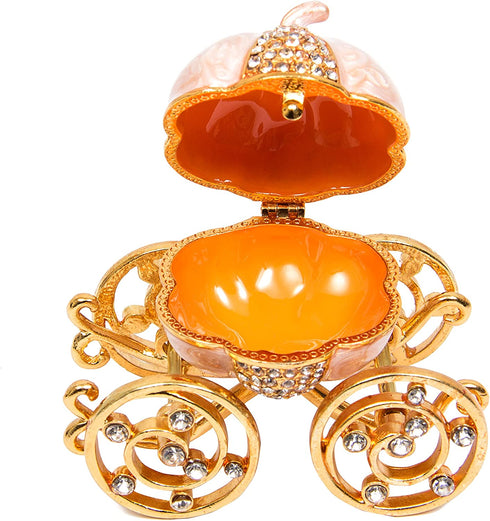 QIFU Hand Painted Enameled Cinderella Pumpkin Carriage Decorative Hinged Jewelry Trinket Box Unique Gift for Family