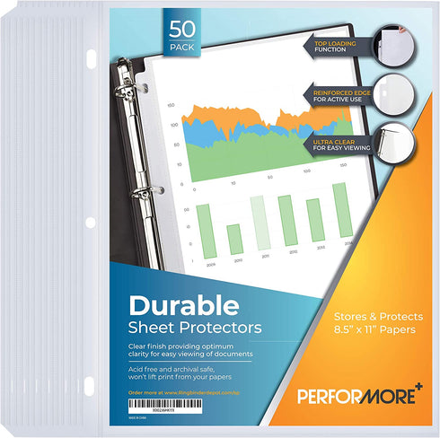 50 Sheet Protectors, Durable Clear Page Protectors 8.5 X 11 Inch for 3 Ring Binder, Plastic Sheet Sleeves, Durable Top Loading Paper Protector with Reinforced Holes, Archival Safe