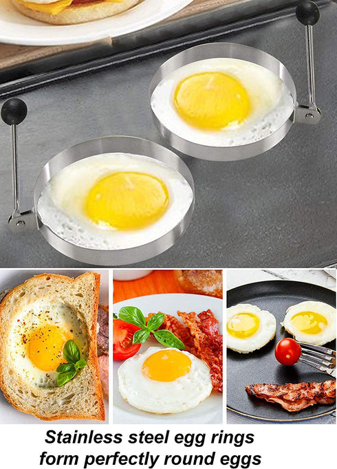 Home-X - Bacon and Eggs Cookware Set Includes Two Stainless Steel Egg Rings and Clear Tempered Glass Bacon Press