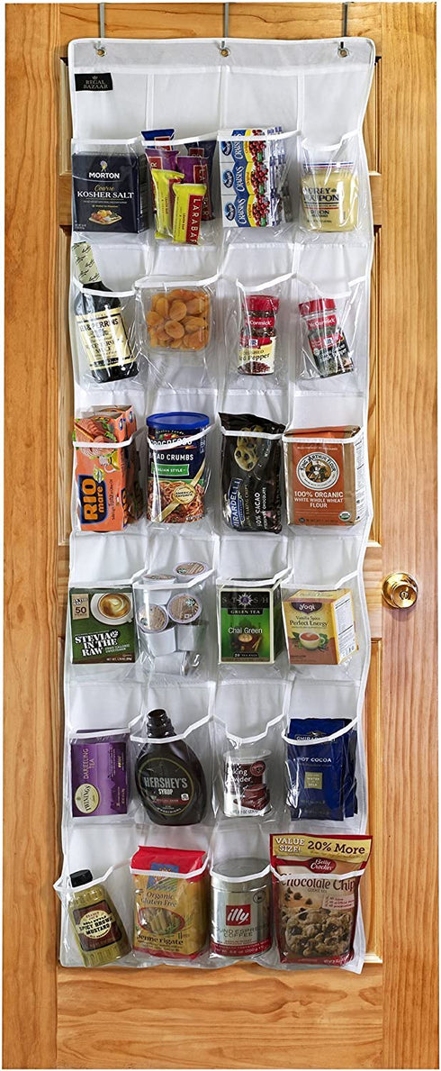 Regal Bazaar Over-The-Door Hanging White Pantry Organizer and Kitchen Storage Unit with 24 Crystal-Clear Vinyl Pockets and 3 Metal Hooks