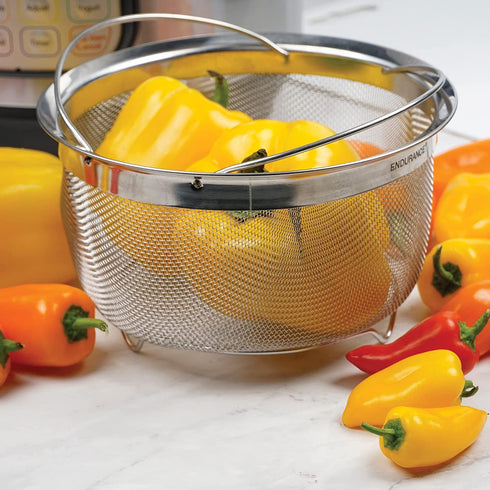 RSVP International Mesh Colander Strainer Basket with Folding Handles, 3 Quarts | For Pasta, Frying, & Salads | Dishwasher Safe | Use in Pressure Cookers | Steaming, Draining & Rinsing