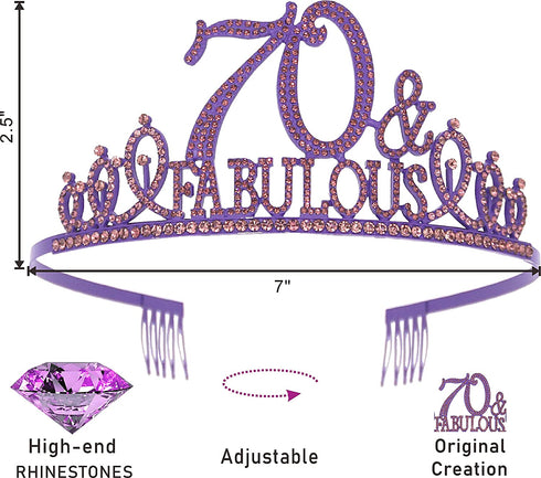 70th Birthday Gifts for Women,70th Birthday Tiara and Sash Purple,70th Birthday Decorations Party Supplies,70& Fabulous Birthday Satin Sash Crystal Tiara Birthday Crown for 70th Birthday Party Decor