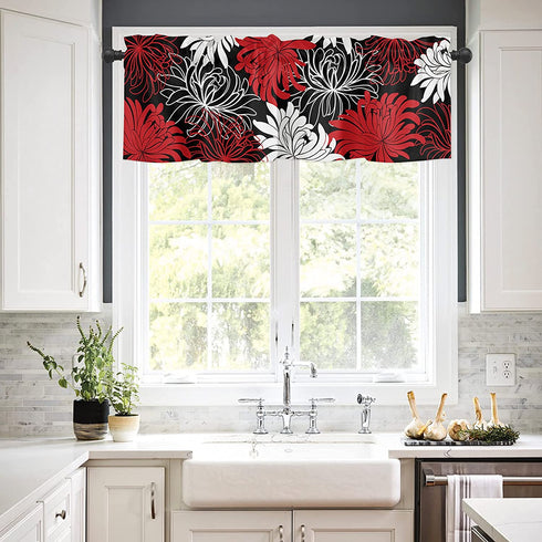 Red Dahlia Valance Curtain Rod Pocket Window Curtain Modern Art Abstract White Red Chrysanthemum Flower Black Washable Window Treatment for Living Room Bedroom Kitchen Home Decor 54x19in