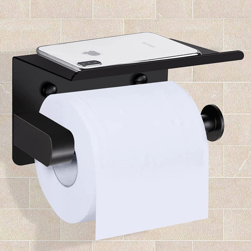 Toilet Paper Holder, CUPAN Adhesive Toilet Paper Holder with Shelf, Stainless Steel Wall Mounted Tissue Roll Paper Dispenser Holder, Washroom Bathroom Matte Black Toilet Paper Roll Holder