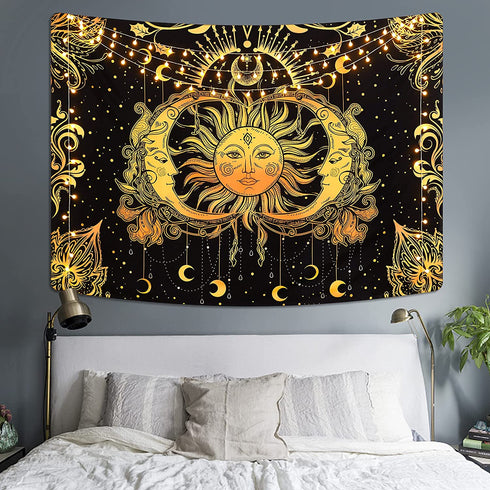 Sun and Moon Tapestry Stars Tapestry Black and Gold Wall Tapestry Psychedelic Moon Tapestry Trippy Celestial Tapestry Wall Hanging for Room (51.2 — 59.1 inches)