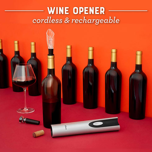 Oster 4-in-1 Wine Savoring Experience with Cordless Electric Wine Opener | Wine Kit with Rechargeable Wine Bottle Opener, Wine Pourer, Vacuum Wine Stoppers, and Foil Cutter, Black