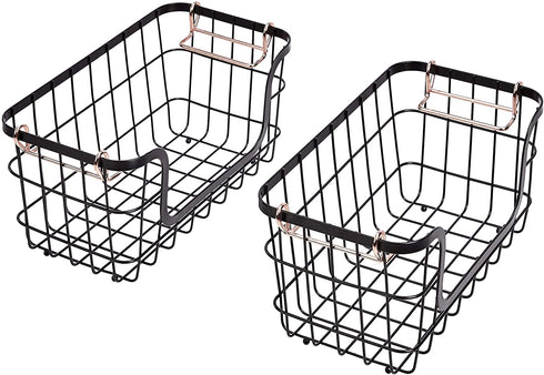 Amazon Basics Stackable Metal Wire Storage Basket Set for Kitchen or Bathroom - Black/Rose Gold