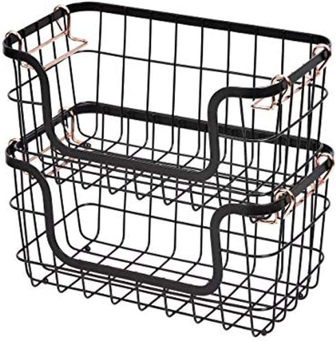 Amazon Basics Stackable Metal Wire Storage Basket Set for Kitchen or Bathroom - Black/Rose Gold