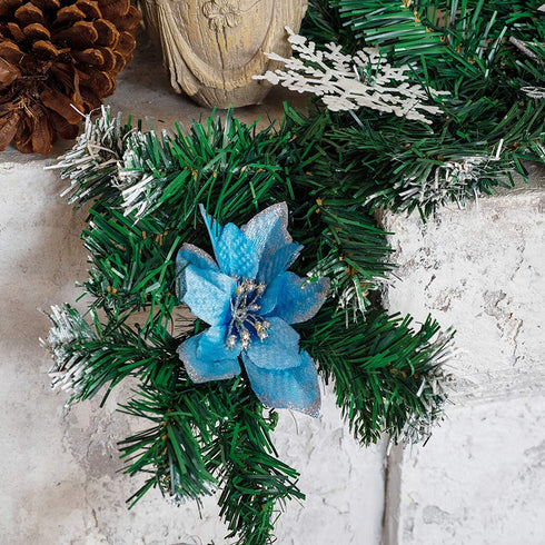 FUNARTY 6 Feet Christmas Garland with 30 Lights, Battery Operated Lighted Garland, Artificial Prelit Christmas Garlands with Blue and Silver Ornaments for Mantle Xmas Holiday Fireplace Decoration
