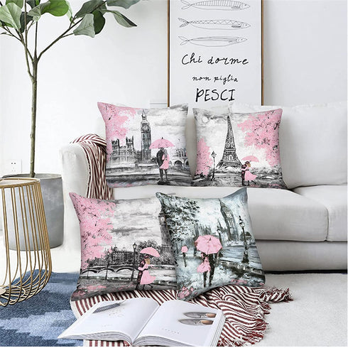 Throw Pillow Covers 18x18 Set of 4, Decorative Pillows for Couch Bed, Sofa Pillows Decorations for Living Room, Pink Paris Outdoor Pillows Couch Cushion Covers for Home Bedroom