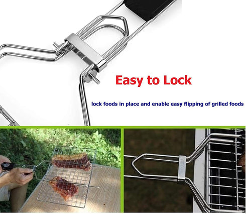 AIZOAM Portable Stainless Steel BBQ Barbecue Grilling Basket for Fish,Vegetables, Shrimp,and Small Flat Sea Food .Great Useful BBQ Tool.-Bonus Additional Sauce Brush and 50 Natural Bamboo Skewers €‘