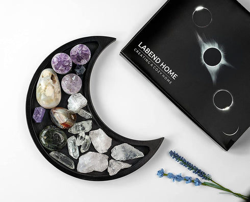Moon Tray Crystal Holder Display - Black Wooden Crystal Tray for Stones, Healing Crystals Storage and Organizer - Crescent Gothic Witchy Coffin Spiritual Decor - Essential Oil Holder - Jewelry Dish