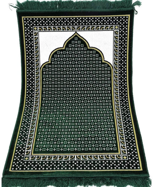 Modefa Turkish Islamic Prayer Rug - Thin & Lightweight Velvet Praying Carpet - Soft Muslim Praying Mat Janamaz - Ramadan or Eid Gift for Men & Women - with Car Hanger - Dancing Rose Vine (Green)