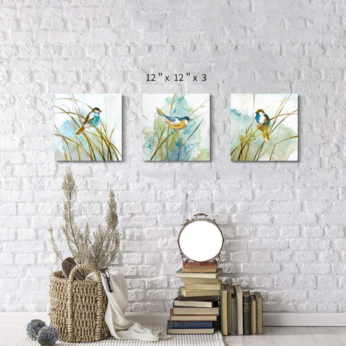 Hardy Gallery Abstract Birds Painting Wall Art: Colorful Birds in Grass Artwork Animal Picture on Canvas Prints for for Living Room (12 x 12 x 3 Panels)
