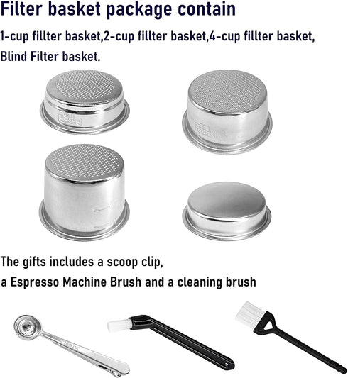 51mm Stainless Steel Filter Basket 1/2/4 Cup for Espresso Bottomless Portafilter,compatible with Delonghi,Breville 51mm Coffee Machine.Gift: Blind Filter and Scoop Clip.