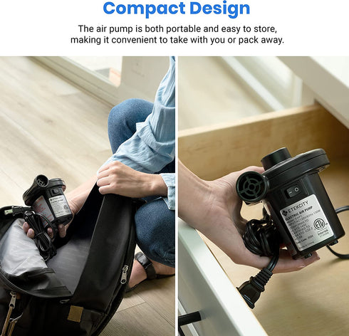 Etekcity Electric Air Pump Air Mattress Portable Pump for Inflatables Couch, Pool Floats, Blow up Pool Raft Bed Boat Toy, Quick-Fill AC Inflator Deflator with 3 Nozzles, 110-120 Volt, Black