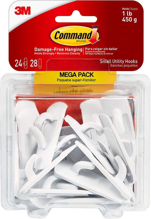 Command Small Utility Hooks Mega Pack, White, 24-Hooks, Organize Damage-Free