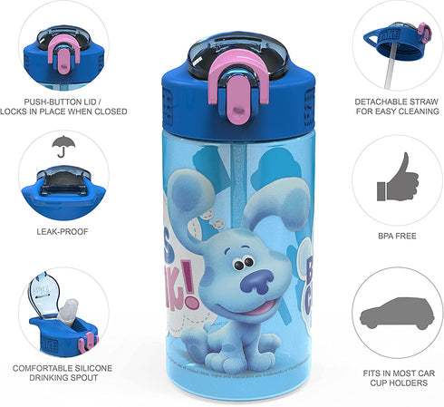 Zak Designs Blue's Clues Kids Water Bottle with Spout Cover and Built-In Carrying Loop, Made of Durable Plastic, Leak-Proof Water Bottle Design for Travel (16 oz, Pack of 2)