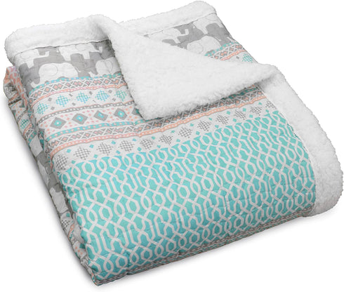 Lush Decor Turquoise & Pink Elephant Stripe Fuzzy Reversible Sherpa Throw Blanket 60 x 50, 60" x 50"